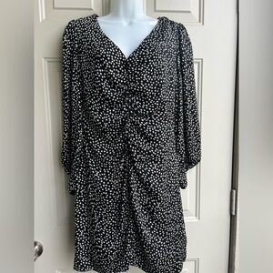 MANGO Black White Daisy Print Dress L Ruched Long Sleeve Boho Chic